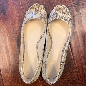 Cole Haan cream and black snakeskin peep-toe wedge shoe with Nikeair support